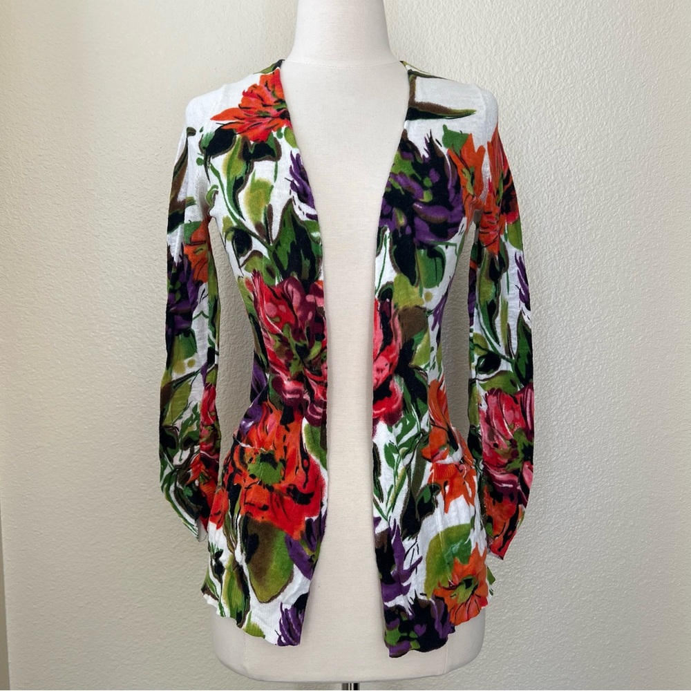 Anthropologie Guinevere Ambrosial Cardigan Floral Open Sweater green red purple